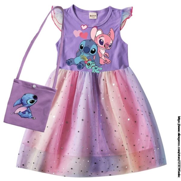 Lilo And Stitch Summer Girls Cotton T Shirt Patchwork Dress +Bag Children Girl Home Party Casual Clothes Dresses - Image 6