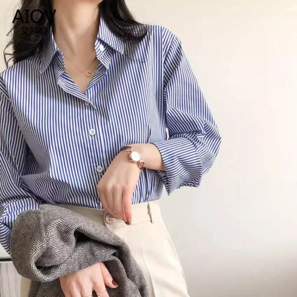 Classic Striped Woman Spring Autumn Blouses Shirt Lady Long Lantern Sleeve Stand Collar Loose Blusas Tops - Image 2