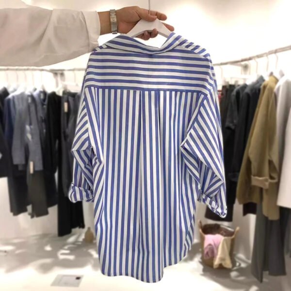 2024 Autumn New Korean Style Loose Casual Free Size Small Fresh Vertical Blue Striped Long-Sleeved Shirt Ladies With Coat Blouse - Image 2