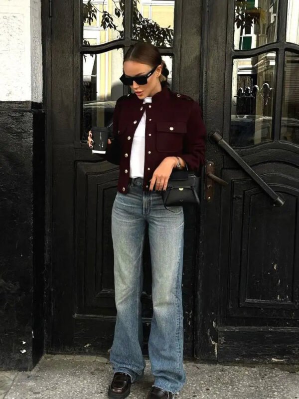 Elegant Wine Red Stand Collar Wool Blend Coat Female Fashion Single Breasted Pocket Short Jackets Lady Office Commute Streetwear - Image 4