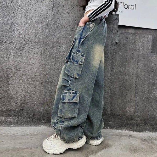 Cargo Jeans for Girls 2024 Spring Loose Casual Elastic Waist Teenage Children Wide Leg Pants Design Streetwear Kids Trousers - Image 3