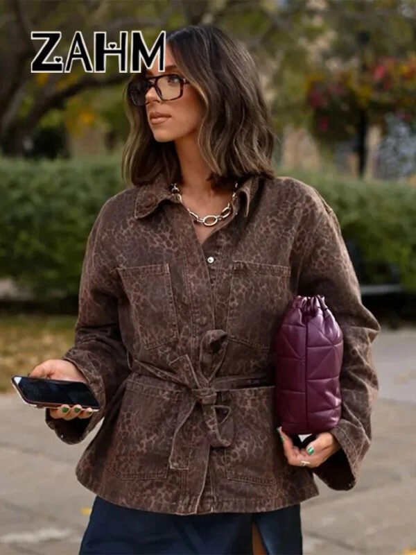 Leopard Print Jackets Women Casual Lapel Big Pockets Belt Coats Female 2025 Spring High Street Lady Outwears - Image 2
