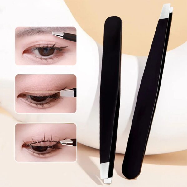 GECOMO Stainless Steel Black Eyebrow Tweezer with Slant and Flat Point Beauty Tools for Eyebrows & Ingrown Hair Removal - Image 2