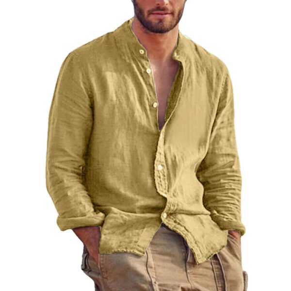 New Men's Solid Color Long Sleeve Shirt Linen Cotton Shirts Trend Plus-size Stand Collar Casual Lightweight Beach Tops - Image 8