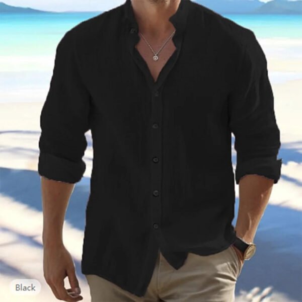 Cotton Linen Hot Sale Men's Long-Sleeved Shirts Summer Solid Color Stand-Up Collar Casual Beach Style Plus Size - Image 4