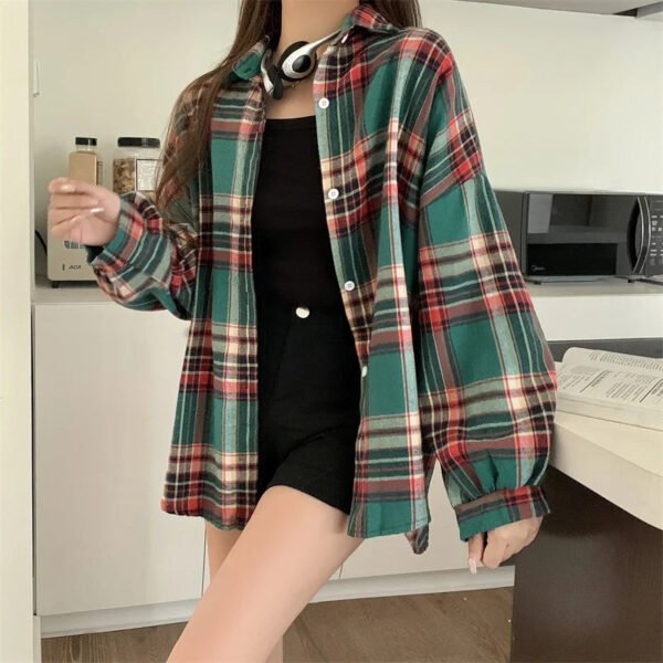 Plaid Shirt Women Autumn Long Sleeve Top Female Vintage Fashion Single Breasted Blouse Ladies Preppy Style Loose Check Shirts - Image 8