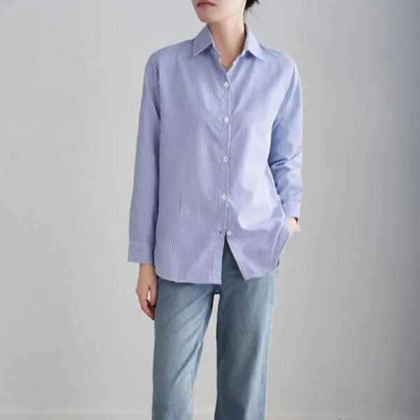Blue Striped Shirt For Women Loose Spring Autumn Casual Long Sleeves Shirt Fashion Clothes For Ladies Office Lady Wear - Image 4