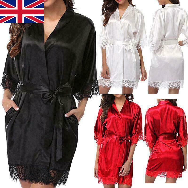 UK Satin Robe Wedding Bride Bridesmaid Kimono Dressing Gown Sleepwear Bathrobe - Image 5