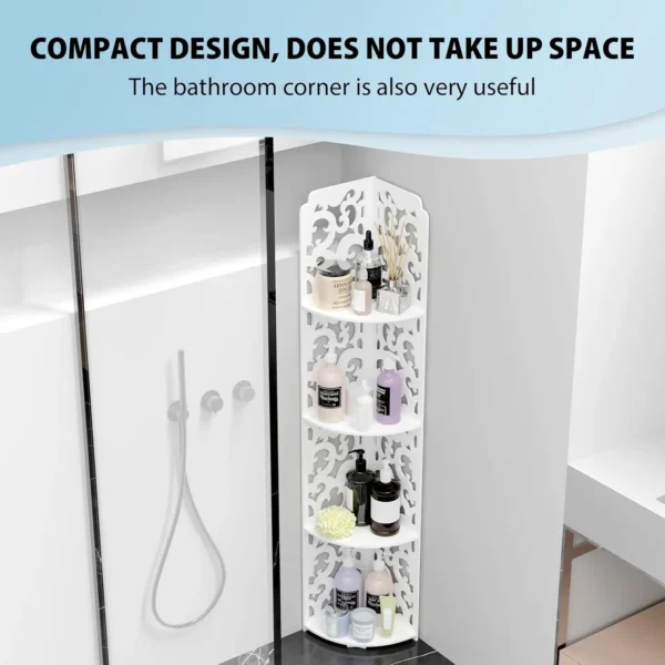 4 Tier Shower Caddy Living Room Bathroom Corner Shelf White Floor Standing Shower Corner Shelf, Waterproof PVC Storage Organizer - Image 4