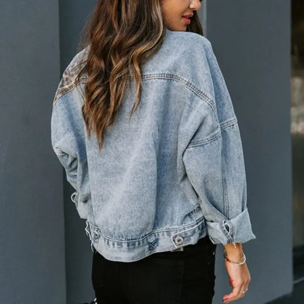 Leopard Stitching Denim Jacket Women Coat Fashion Female Outerwears Long Sleeve Lapel Button Down Chest Pocket Female Tops - Image 3