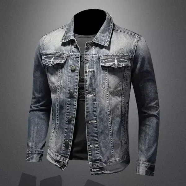Men's Denim Jacket American Style Vintage Wash Distressed Casual Slim Fit Smooths Your Silhouette Long Sleeve Denim Blazer Trend - Image 2