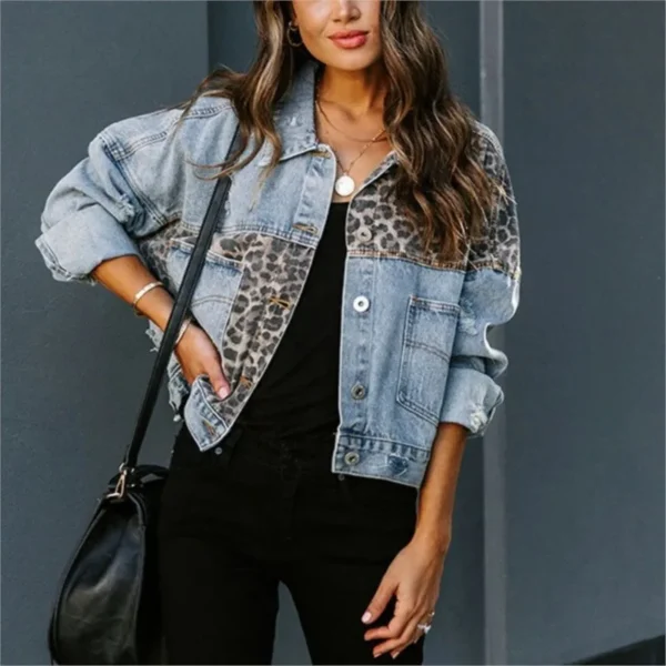 Leopard Stitching Denim Jacket Women Coat Fashion Female Outerwears Long Sleeve Lapel Button Down Chest Pocket Female Tops - Image 5