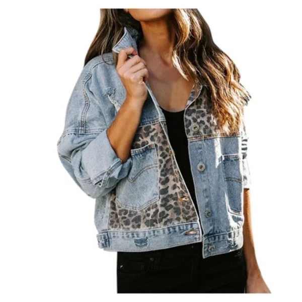 Leopard Stitching Denim Jacket Women Coat Fashion Female Outerwears Long Sleeve Lapel Button Down Chest Pocket Female Tops - Image 4