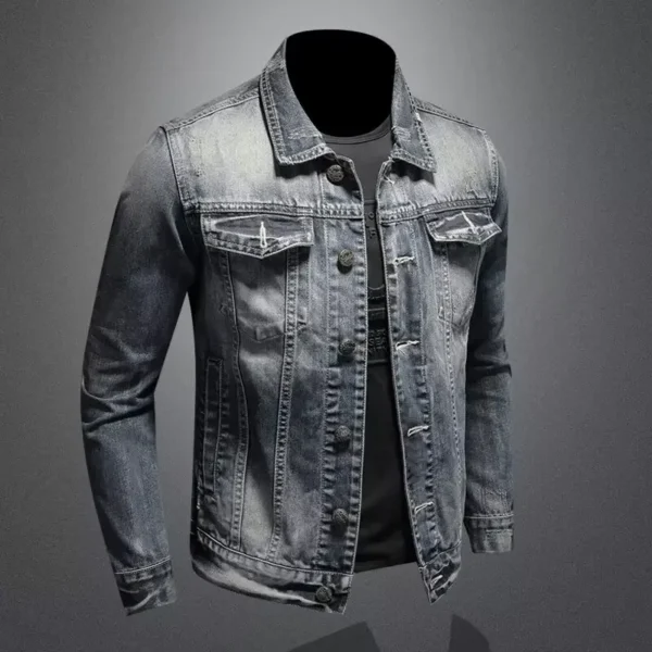 Men's Denim Jacket American Style Vintage Wash Distressed Casual Slim Fit Smooths Your Silhouette Long Sleeve Denim Blazer Trend - Image 3
