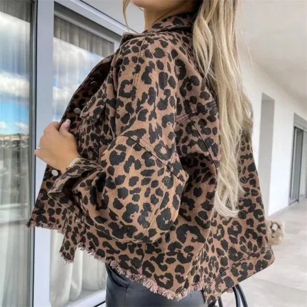 Fashion Leopard Print Tassel Hem Jacket Women Casual Outerwear Female Spring Autumn Lapel Single-breasted Cardigan Denim Coat 24 - Image 2