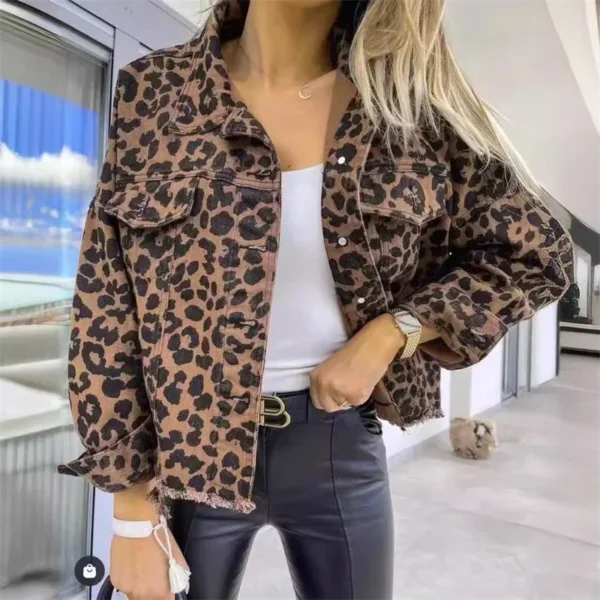 Fashion Leopard Print Tassel Hem Jacket Women Casual Outerwear Female Spring Autumn Lapel Single-breasted Cardigan Denim Coat 24 - Image 5