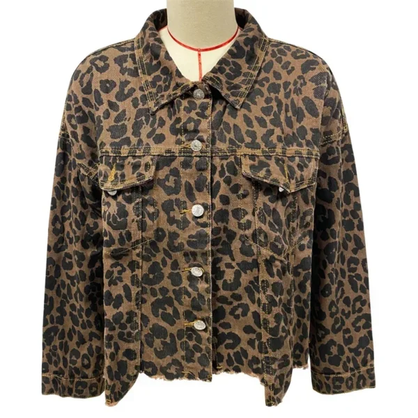 Fashion Leopard Print Tassel Hem Jacket Women Casual Outerwear Female Spring Autumn Lapel Single-breasted Cardigan Denim Coat 24 - Image 3
