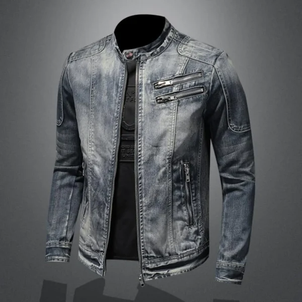 Leather Men Coats With Hood Vintage Denim Jacket  With Zip Denim Jacket Stand Up Cotton Slim Leather Winter Coats Vestes Hommes - Image 3