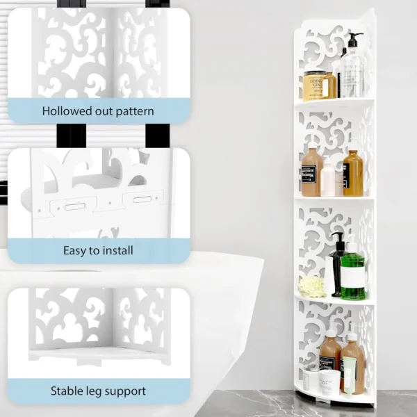 4 Tier Shower Caddy Living Room Bathroom Corner Shelf White Floor Standing Shower Corner Shelf, Waterproof PVC Storage Organizer - Image 3