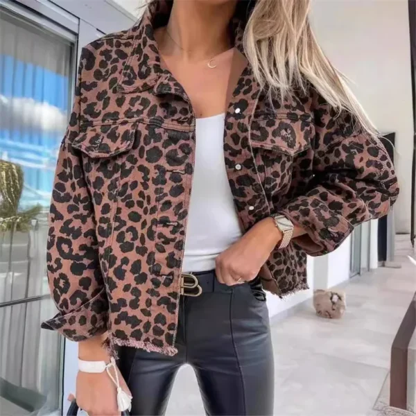 Fashion Leopard Print Tassel Hem Jacket Women Casual Outerwear Female Spring Autumn Lapel Single-breasted Cardigan Denim Coat 24 - Image 7