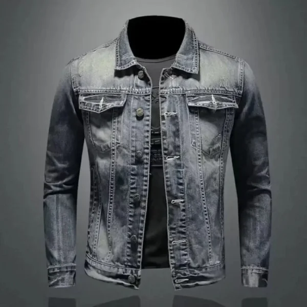 Men's Denim Jacket American Style Vintage Wash Distressed Casual Slim Fit Smooths Your Silhouette Long Sleeve Denim Blazer Trend - Image 6