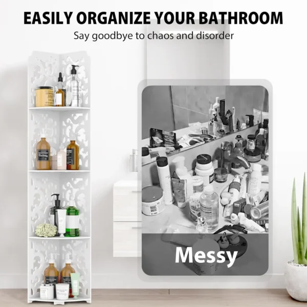 4 Tier Shower Caddy Living Room Bathroom Corner Shelf White Floor Standing Shower Corner Shelf, Waterproof PVC Storage Organizer - Image 5