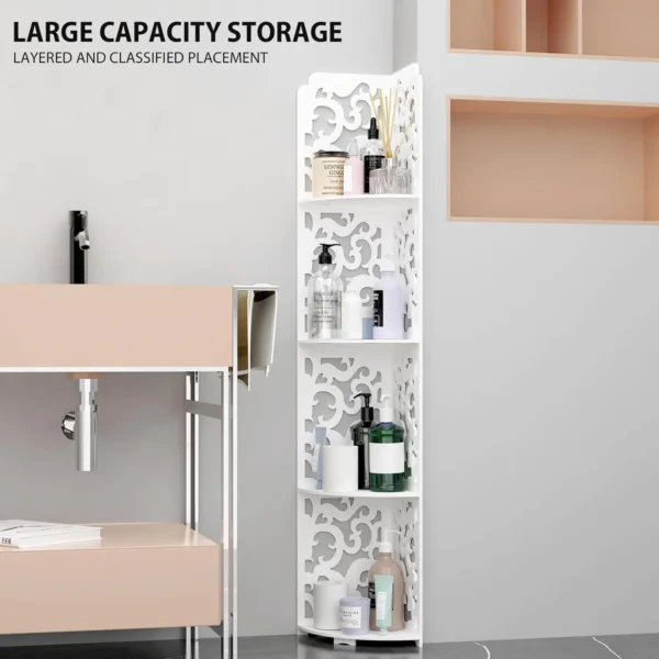4 Tier Shower Caddy Living Room Bathroom Corner Shelf White Floor Standing Shower Corner Shelf, Waterproof PVC Storage Organizer