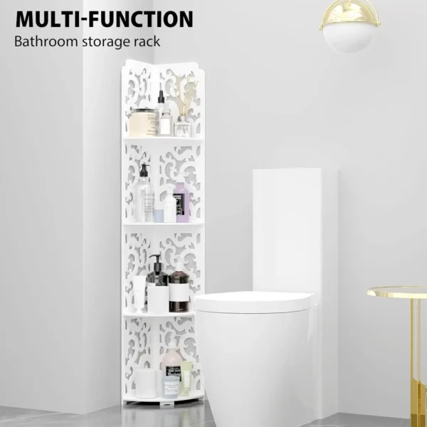4 Tier Shower Caddy Living Room Bathroom Corner Shelf White Floor Standing Shower Corner Shelf, Waterproof PVC Storage Organizer - Image 2