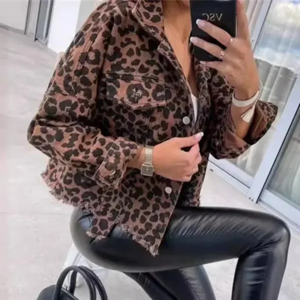 Fashion Leopard Print Tassel Hem Jacket Women Casual Outerwear Female Spring Autumn Lapel Single-breasted Cardigan Denim Coat 24 - Image 6