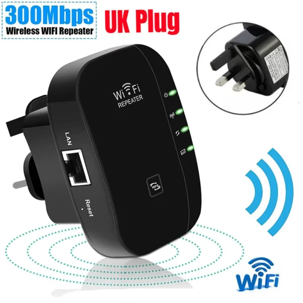 1pcs WiFi Extender, 2.4GHz Wireless WiFi Range Booster, 300Mbps WiFi Repeater, WiFi Signal Range Extender, UK plug, Black