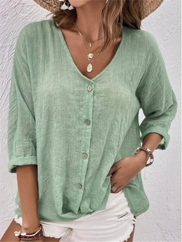 V-neck Long-sleeved T-shirt Fashion Solid Color Button Top Casual Loose Clothing For Women - Image 4