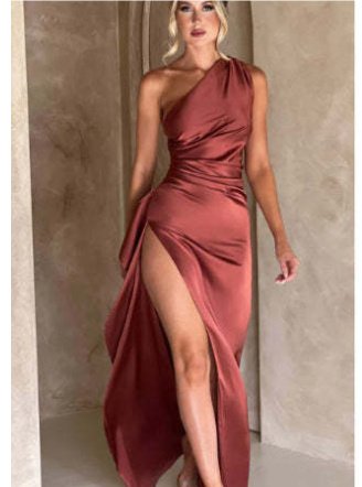 Sexy One-shoulder Backless Slit Dress Summer Elegant Slim-fit Solid Color Satin Dresses For Women - Image 2