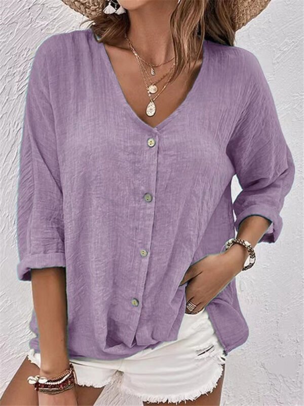 V-neck Long-sleeved T-shirt Fashion Solid Color Button Top Casual Loose Clothing For Women - Image 8