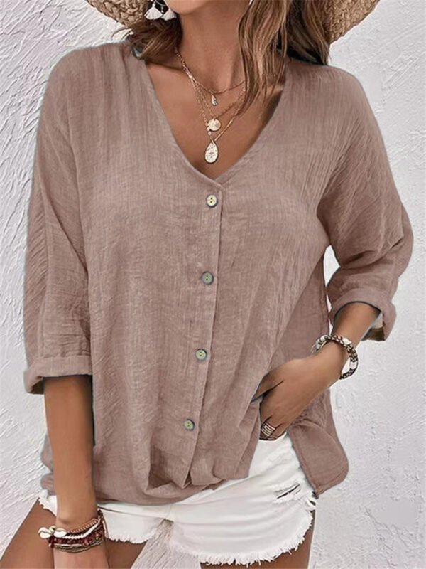 V-neck Long-sleeved T-shirt Fashion Solid Color Button Top Casual Loose Clothing For Women - Image 5