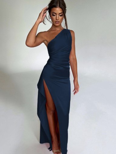 Sexy One-shoulder Backless Slit Dress Summer Elegant Slim-fit Solid Color Satin Dresses For Women - Image 7