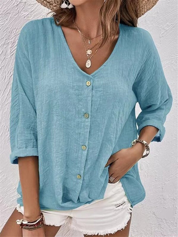 V-neck Long-sleeved T-shirt Fashion Solid Color Button Top Casual Loose Clothing For Women - Image 10