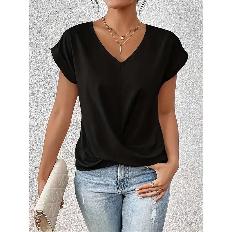 Women's Comfy Casual Summer Tops Short Sleeve V Neck Blouses T Shirts Twist Knot Basic Tees - Image 2