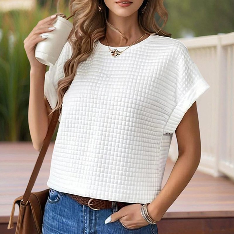 Women's Solid Color Round Neck Short Sleeve Top - Textured Cuff Detail Comfortable Summer Casual Tee - Image 5