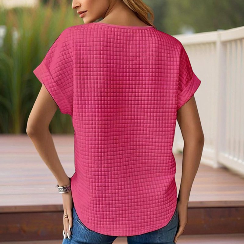 Women's Solid Color Round Neck Short Sleeve Top - Textured Cuff Detail Comfortable Summer Casual Tee - Image 4