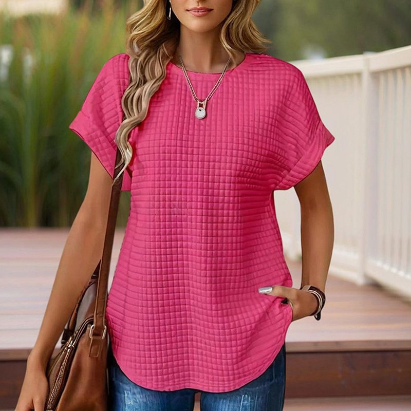 Women's Solid Color Round Neck Short Sleeve Top - Textured Cuff Detail Comfortable Summer Casual Tee - Image 7