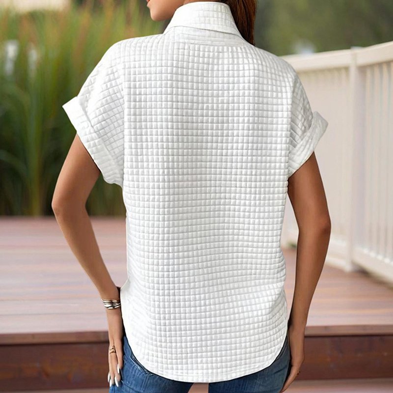 Women's Solid Color Round Neck Short Sleeve Top - Textured Cuff Detail Comfortable Summer Casual Tee - Image 6