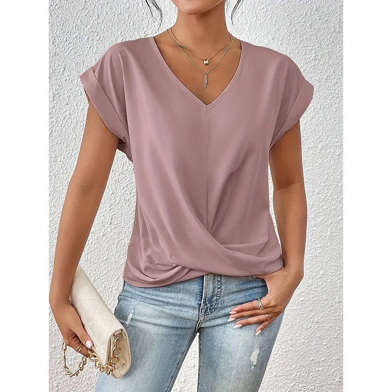 Women's Comfy Casual Summer Tops Short Sleeve V Neck Blouses T Shirts Twist Knot Basic Tees - Image 5