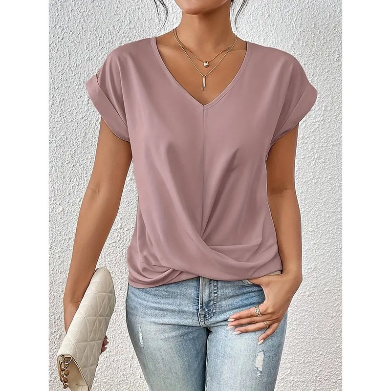 Women's Comfy Casual Summer Tops Short Sleeve V Neck Blouses T Shirts Twist Knot Basic Tees - Image 9