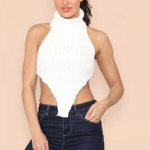 High Neck Roll Knitted Backless Front Cropped Top