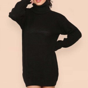 Polo Roll Neck Over Sized Ribbed Knitted Florescent Chunky Sweater Jumper Dress