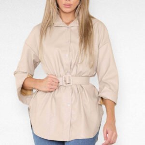 PU Faux Leather Belted Wet Look Shirt Dress